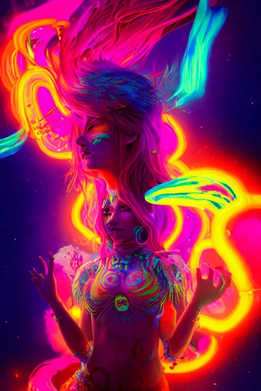 Prompt: a beautiful shaman girl engulfed in colorful liquid smoke and neon clouds, a colorful psychedelic experience, dmt, lsd, face, highly detailed, artstation, concept art, matte, sharp focus, illustration, digital art by hana yata, and artem demura and beeple, octane render, unreal engine, 8 k, pixel sorting