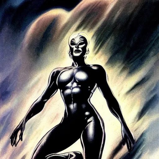 Image similar to ultra realistic portrait of a female silver surfer, as an outlaw, art by frank frazetta, vintage levi ’ s ad, stormy weather, dark vibes, 4 k, ultra realistic, highly detailed, epic lighting