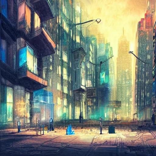 Image similar to a desolate, abandoned cityscape with ethereal figures floating through the streets, digital art, harsh lighting