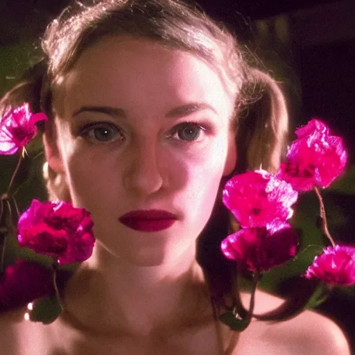 Image similar to movie still of the girl with the flowers head, cinematic composition, cinematic light, by edgar wright and david lynch, surrealist art