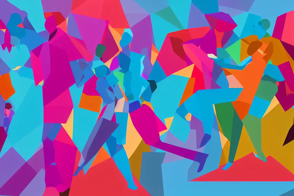 Prompt: a colorful, computer generated, abstract geometric intriguing render, abstract human figures dancing