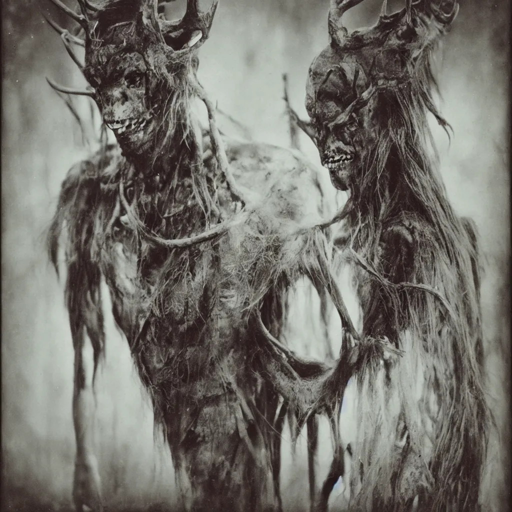 Prompt: A beautiful portrait photo of a wendigo, soft side light, gelatin silver print, 1908