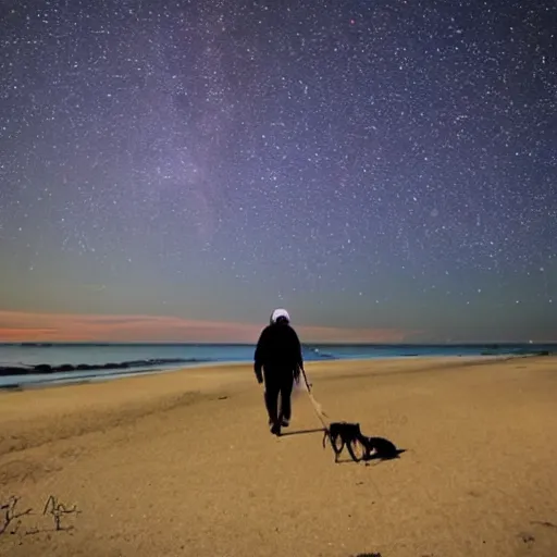 Prompt: walking the dog on a beach with meteors in sky