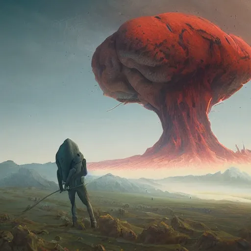 Prompt: a digital painting of a gigantic big enormous humanoid monster standing in the sky, concept art by simon stalenhag and peter mohrbacher cgsociety, vanitas, ominous, lovecraftian, speedpainting, apocalypse art. mist. hyper - realistic. photo realistic. octane render. intricate detailed masterpiece. extreme wide shot. realistic shaded dynamic lighting