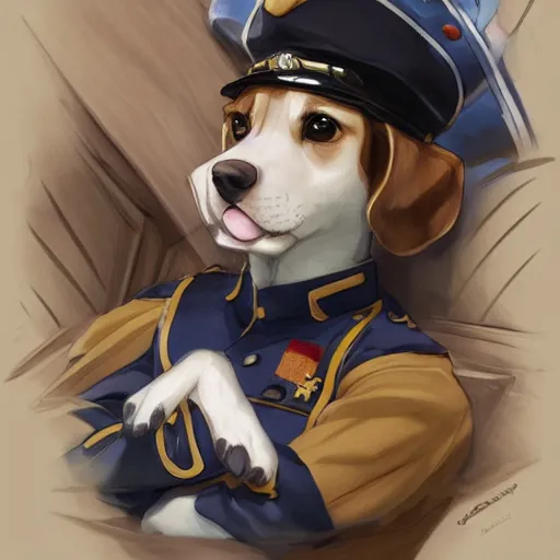 Image similar to An anime portrait of a beagle puppy in a captain's uniform sleeping, by Stanley Artgerm Lau, WLOP, Rossdraws, James Jean, Andrei Riabovitchev, Marc Simonetti, and Sakimichan, tranding on artstation