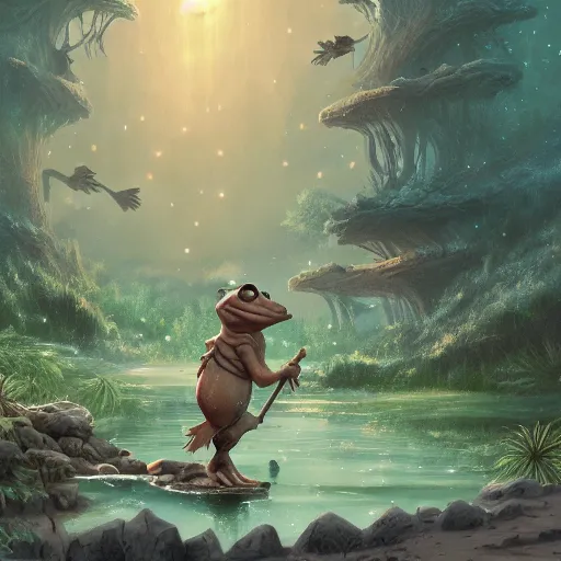 Prompt: A fantasy scene where an oldman frog who is holding himself with a staff. walks across the enchanted lake, The scene is covered with rocks and fireflies, Artstation, Hiroaki Tsutsumi style