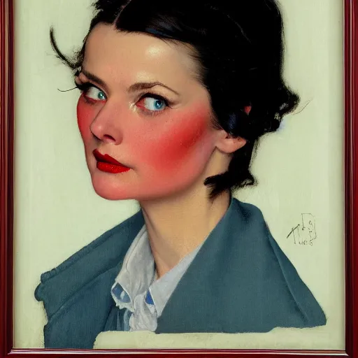 Image similar to frontal portrait of a woman with ice Blue eyes, long straight black bangs and a red coat, by Norman Rockwell and Gerald Brom