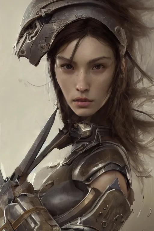 Image similar to a photorealistic painting of an attractive young girl, partially clothed in battle armor, olive skin, long dark hair, beautiful bone structure, symmetrical facial features, perfect eyes, intricate, elegant, digital painting, concept art, illustration, sharp focus, minimal artifacts, from Metal Gear, in the style of Ruan Jia and Mandy Jurgens, by Greg Rutkowski, trending on Artstation, award winning