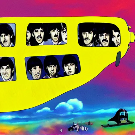 Image similar to The Beatles Yellow Submarine, hyper realistic, HD, HQ, photo realistic