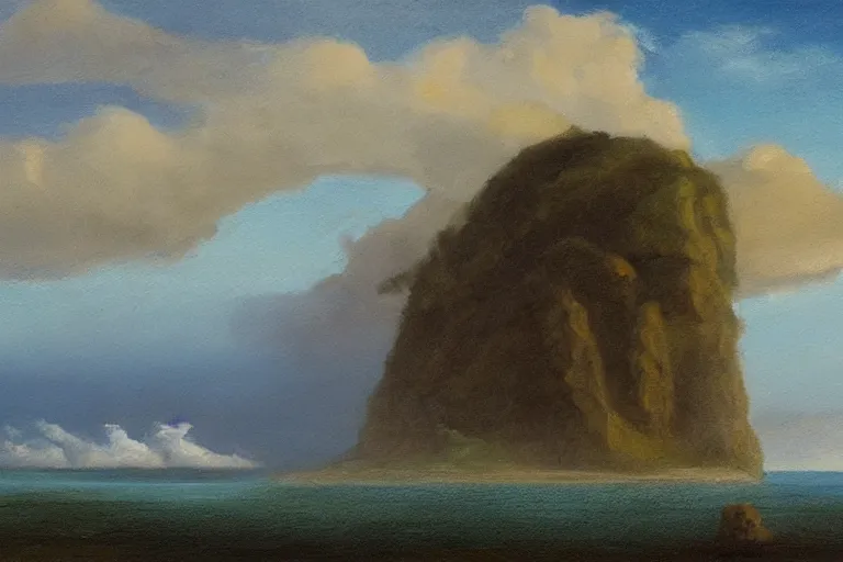 Prompt: island in the sky, disappearing in the clouds, oil painting in the style of german romanticism