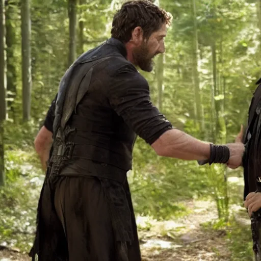 Image similar to Still of Gerard Butler and Russel Crow pointing at each other