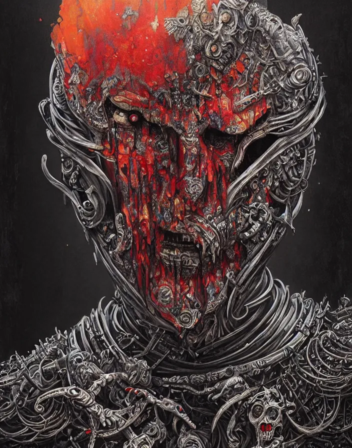 Image similar to art portrait of an undead kingof hell, intricate detailed armour ,8k,by tristan eaton,Stanley Artgermm,Tom Bagshaw,Greg Rutkowski,Carne Griffiths, Ayami Kojima, Beksinski, Giger,trending on DeviantArt,face enhance,hyper detailed,minimalist,cybernetic, android, blade runner,full of colour,