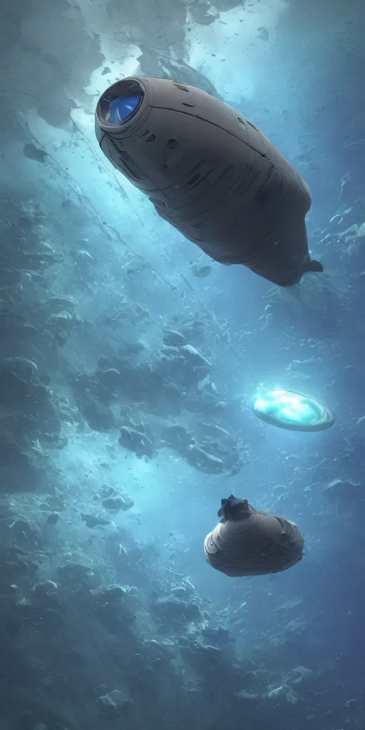 Image similar to white disc - shaped spacecraft submarine, fusion of subnautica and star trek, flying through a spectacular underwater coral canyon, kelp forest, schools of fish, in the style of john eaves ron walotsky ralph mcquarrie, soft natural volumetric lighting, realistic 4 k unreal engine 5 beautifully detailed render, 4 k post processing, trending on artstation