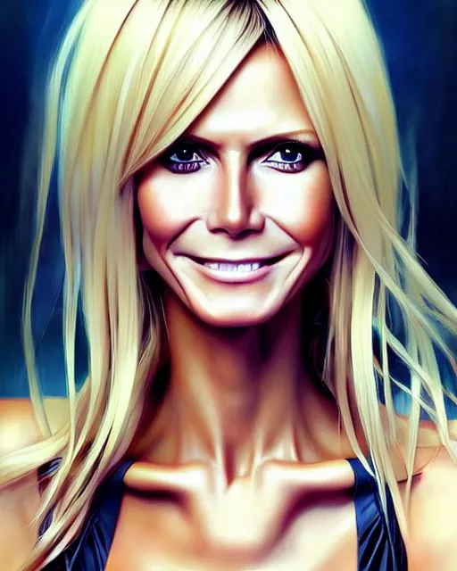 Image similar to portrait of Heidi Klum as Anime girl cute-fine-face, full body! pretty face, realistic shaded Perfect face, fine details. Anime. realistic shaded lighting by Ilya Kuvshinov Giuseppe Dangelico Pino and Michael Garmash and Rob Rey