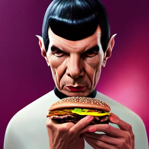 Prompt: portrait of Spock mind-meld with hamburger, extra onions and ketchup, luscious patty with sesame seeds, feminine ethereal, delicate fingers, subsurface scattering skin, handsome, D&D, fantasy, intricate, elegant, highly detailed, digital painting, artstation, concept art, matte, sharp focus, illustration, art by Artgerm and Greg Rutkowski and Alphonse Mucha