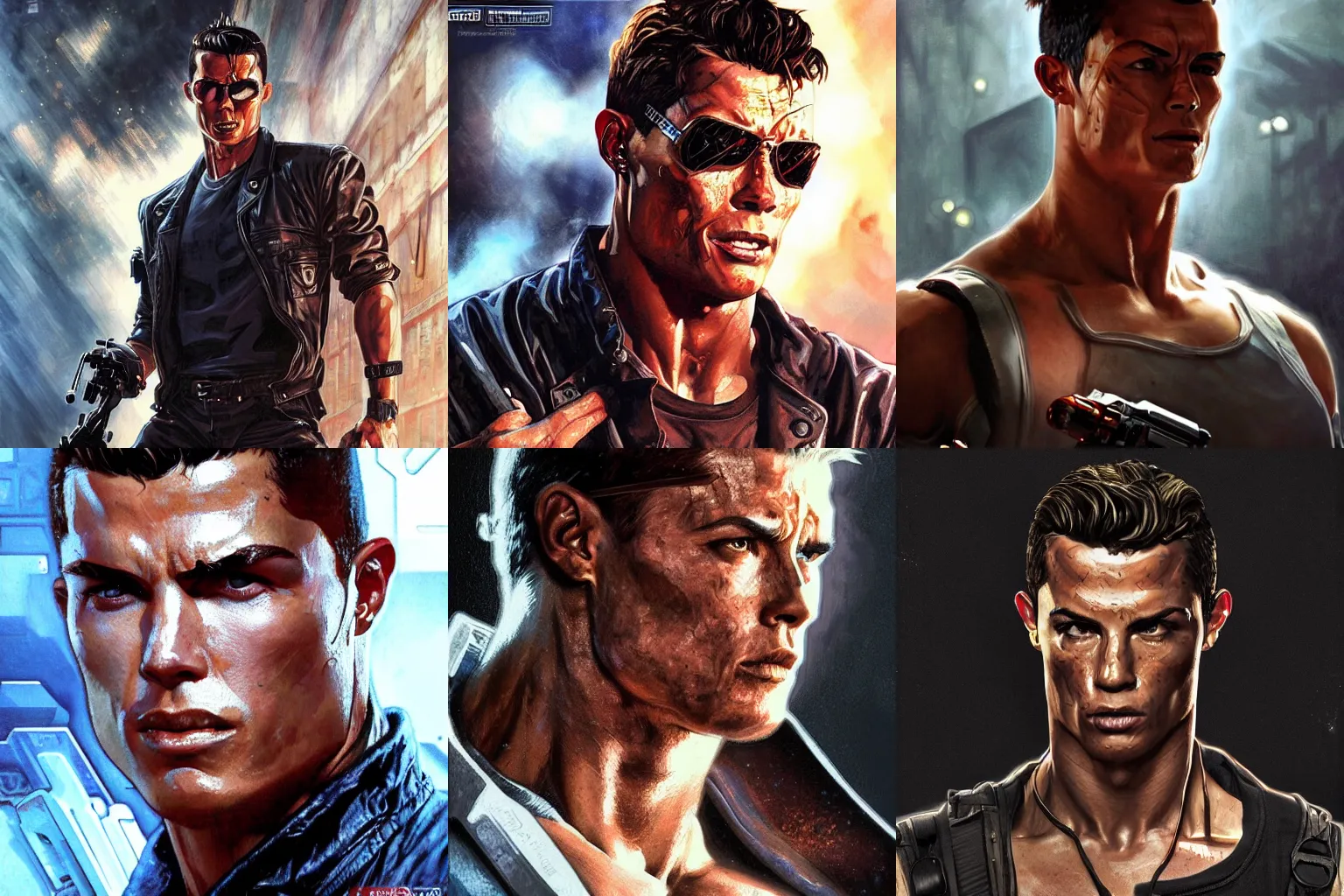 Prompt: The character of the Terminator film Cristiano Ronaldo, a highly detailed character in digital fantasy, painted portrait, artstation, concept art, hard focus, illustrations, works by Artgerm and Greg Rutkowski, Alphonse Mucha and Craig Mullins, James Jean, Andrey Ryabovichev, Mark Simonetti and Peter Morbacher, 16 thousand