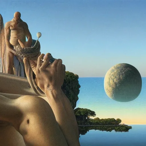 Image similar to David Ligare, scifi landscape, hyperrealistic surrealism, award winning masterpiece with incredible details, epic stunning, infinity pool, a surreal vaporwave liminal space, highly detailed, trending on ArtStation, artgerm and greg rutkowski and alphonse mucha, daily deviation, IAMAG, broken giant marble head statue ruins, golden hour