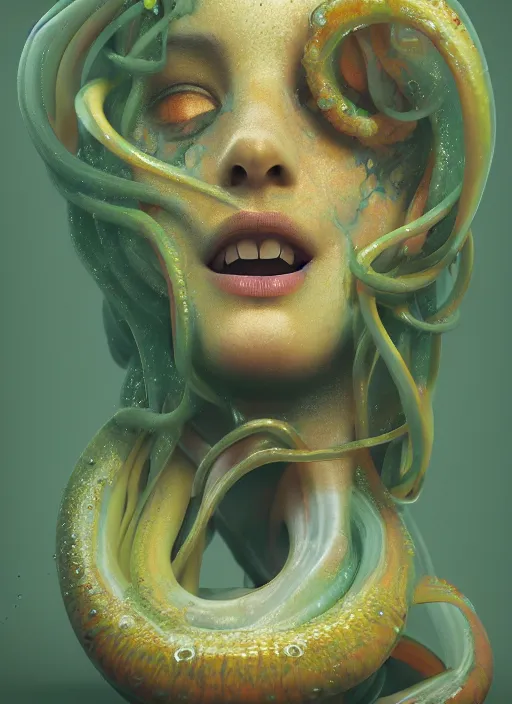 Image similar to subsurface scattering, medusa made of soft wax, cgsociety, translucent, organic squid and ceramic art nouveau swirls, golden orbs, colored smoke, in the style of alberto seveso and ruan jia and beeple and giger, mystical colors, back light, rim light, dramatic lighting, 8 k, stunning scene, raytracing, octane render