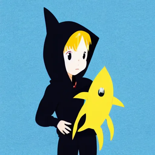 Image similar to a blonde-girl-in-a-black-hoodie holding a blue-shark-plush, anime style