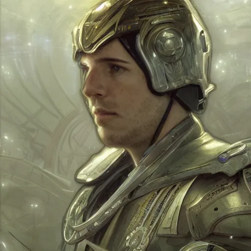 Image similar to A white male of the Gallente race in Eve-Online inside a station of green and silver metal, gorgeous, beautiful, intricate, highly detailed, digital painting, artstation, oppressive lighting, sci-fi concept art, sharp focus, illustration, art by greg rutkowski and alphonse mucha