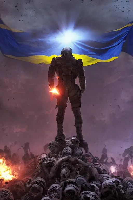 Prompt: A distant view shot from behind of a super soldier with Ukrainian flag in his hand while he is standing on a huge pile of skulls in triumph after the war, head is up, flag in hands up, dark atmosphere, nuclear war, bright rays of light, beams of light, intricate, volumetric lighting, neon lights, highly detailed, smooth, artstation, concept art, сinematic lighting, insanely detailed, smooth, sharp focus, Artstation, 8k, unreal engine, hyper realistic, steampunk style, bright background, moonlight, volumetric lighting, wallpaper, digital illustration by Ruan Jia and Mandy Jurgens and Artgerm and Wayne Barlowe and Greg Rutkowski and Frank Frazetta