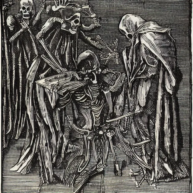 Prompt: “A woodcut of Death, a robed skeleton, totentanz by Melchior Lorck (1512)”