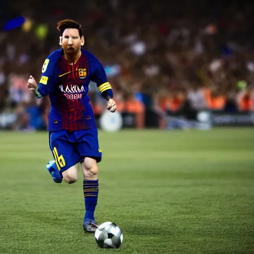 Image similar to lionel messi running extremely fast while his body emits blue lightning, 8 k