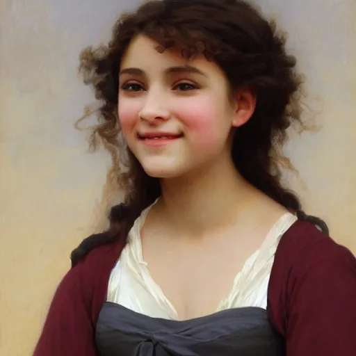 Image similar to painting of claudia vega from eva 2 0 1 1 as hermione granger. smiling. happy. cheerful. art by william adolphe bouguereau. extremely detailed. beautiful. 8 k. award winning.