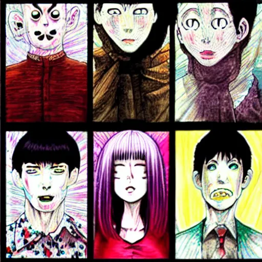 Image similar to junji ito manga characters colorful