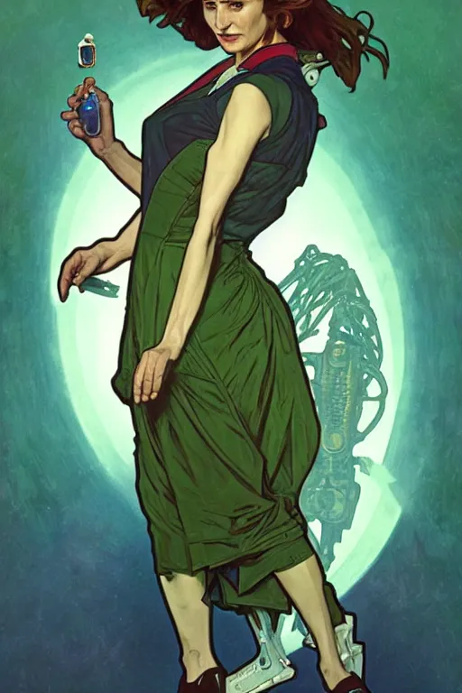 Image similar to doctor who, woman, as a mad dentist, on a plain green background, art by artgerm and greg rutkowski and alphonse mucha