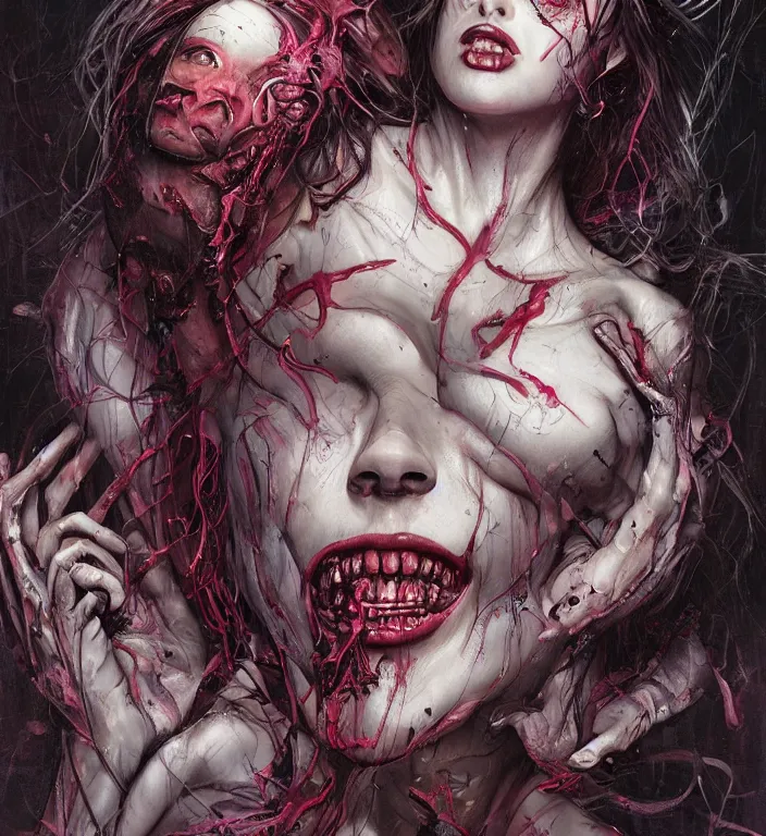 Image similar to a dream portrait of a gorgeous succubus dancing, beautiful, terrifying, melting, webbing, 8 k, by tristan eaton, stanley artgerm, tom bagshaw, greg rutkowski, carne griffiths, ayami kojima, beksinski, giger, trending on deviantart, face enhance, hyper detailed, minimalist, horror, full colour