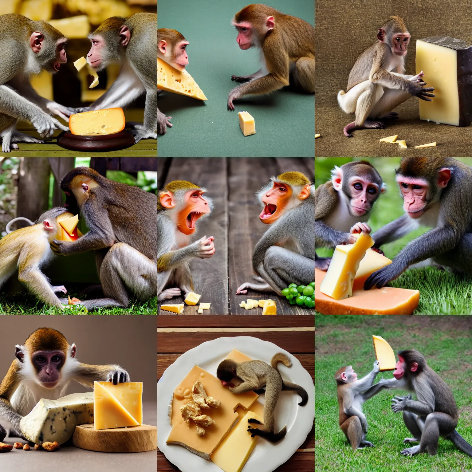 Prompt: monkey and chicken fighting over cheese