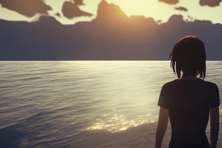 Image similar to max caulfield watching sunset on the sea, life is strange, realistic, cinematic, 8 k, highly detailed, ue 5