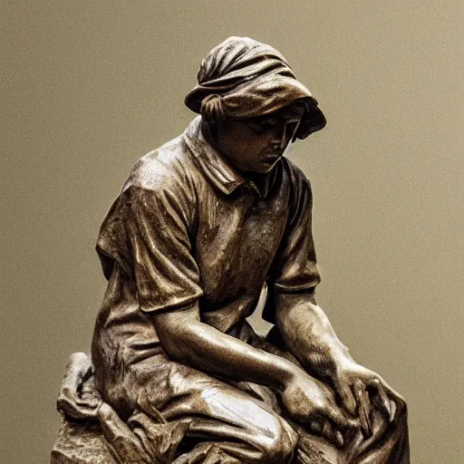 Prompt: high resolution photograph of a bronze cast sculpture of a sad peasant boy in the style of carl spitzweg