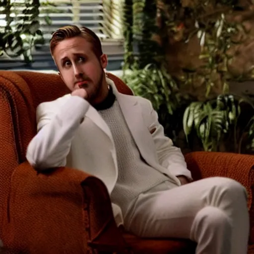Image similar to ryan gosling in a white jacket is sitting on a chair, but it is knitted from yarn, preservation of lethality, proportions, quality, realism, focus in the foreground,