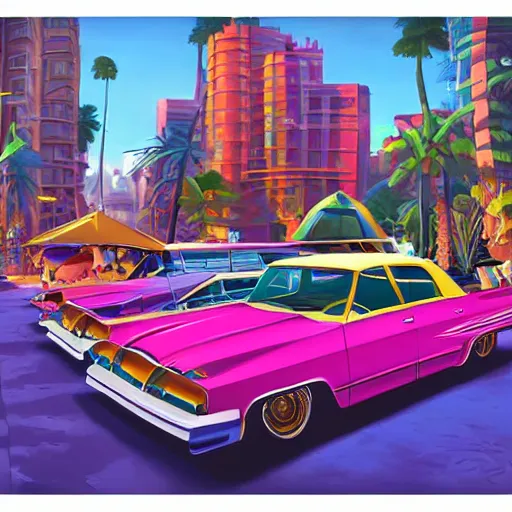 Prompt: swagger! lowrider culture, living large in the city by tyler edlin, editorial, bold colors, detailed, bold colors, miami vice, incredible lighting, great composition, artstation