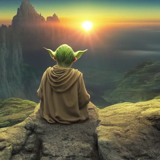 Prompt: yoda meditating on top of a mountain at sunrise, movie still, 4k