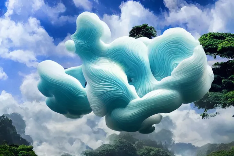 Image similar to a huge ultra detailed flock of many smooth puffy whirling elegant cloud sculptures with turning gemstone crystal sculptures, art nouveau jungle environment, soothing, crepuscular rays, award winning art, epic dreamlike fantasy landscape, ultra realistic,