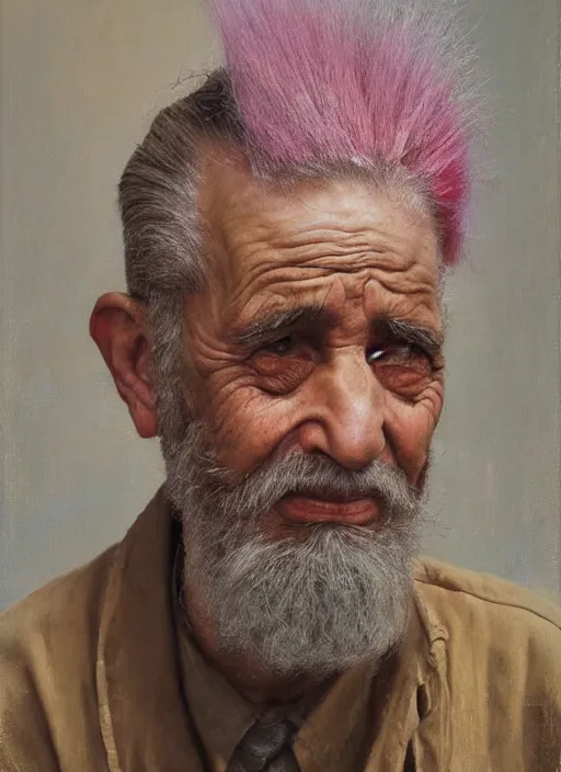 Image similar to a portrait of old man with a pink mohawk by iman maleki, punk rock, oil painting, muted colours, soft lighting