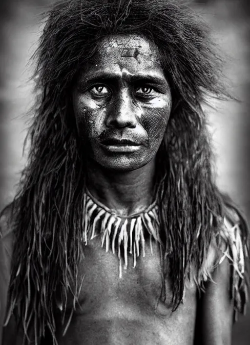 Image similar to Award winning Editorial photo of a Native Nauruans with incredible hair and beautiful hyper-detailed eyes wearing traditional garb by Lee Jeffries, 85mm ND 5, perfect lighting, gelatin silver process