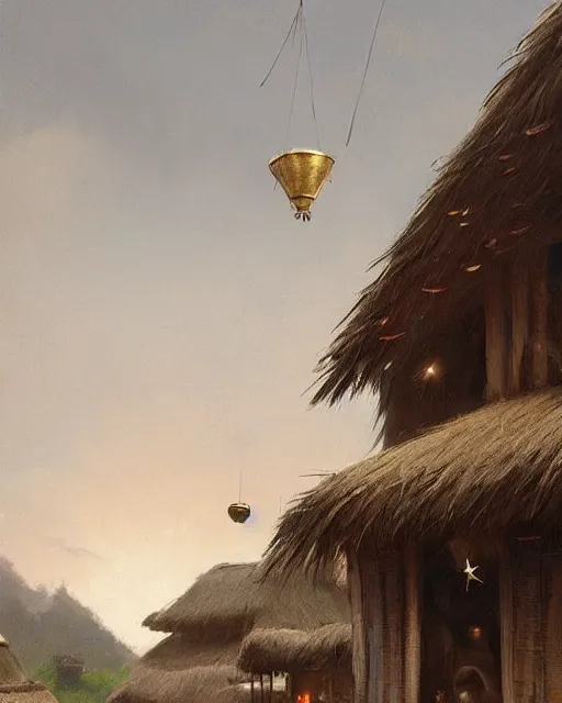 Image similar to Painting by Greg Rutkowski, a big ceramic jug with a gold ornament flies high in the dark night sky above a small village with built-up huts under thatched roofs