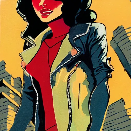 Image similar to young female protagonist in leather jacket, city street, artwork by ralph bakshi