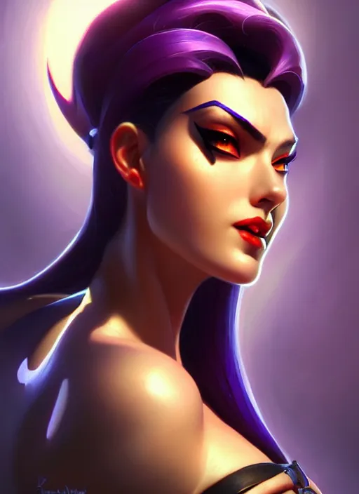 Image similar to lovely widowmaker from overwatch, fantasy, fantasy art, character portrait, portrait, close up, highly detailed, scifi art, intricate detail, amazing detail, sharp focus, vintage fantasy art, vintage sci - fi art, radiant light, trending on artstation, caustics, by boris vallejo