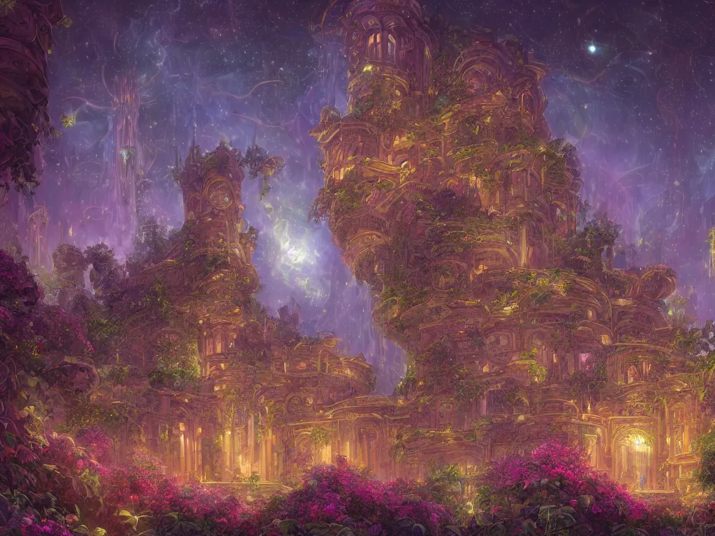 Image similar to beautiful highly detailed digital illustration of a celestial palatial garden with pillars of light towering above. by Andreas Rocha, colorful nebula in the night sky, stars, flowers and vines and creepers, establishing shot, cinematic, architecture, artstation HQ, HD, 8k resolution, featured in art magazine