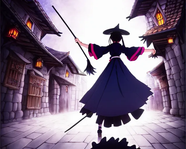 Image similar to ( ( majo no tabitabi ) ), kyoani key anime visual portrait of a young female witch walking through a busy medieval village, dynamic pose, dynamic perspective, cinematic, dramatic lighting, detailed silhouette, anime proportions, perfect anime face ( murata range )