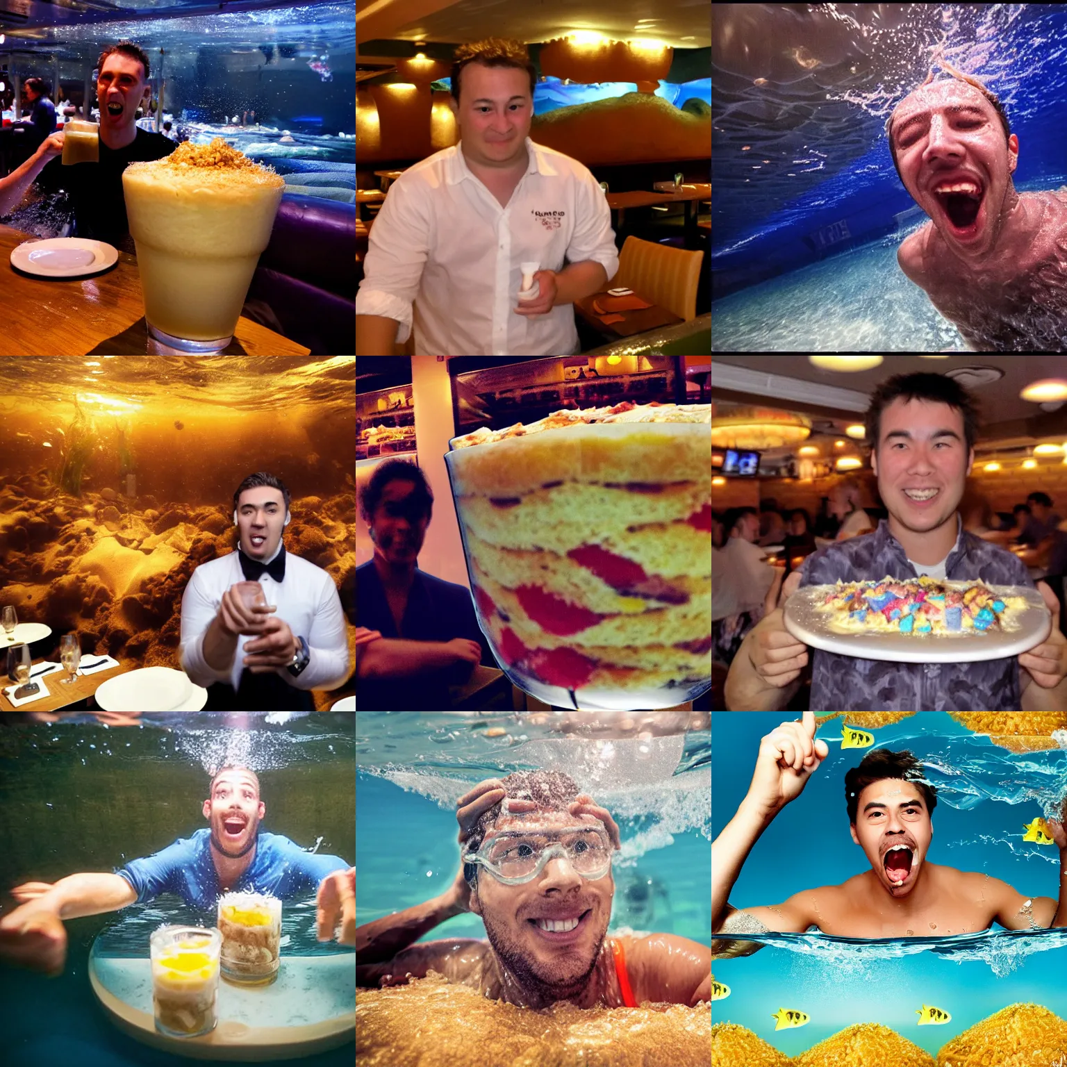 Prompt: man drowning, trying to swim in giant parfait ocean, sea of parfait, panicked expression, flash photography taken in restaurant