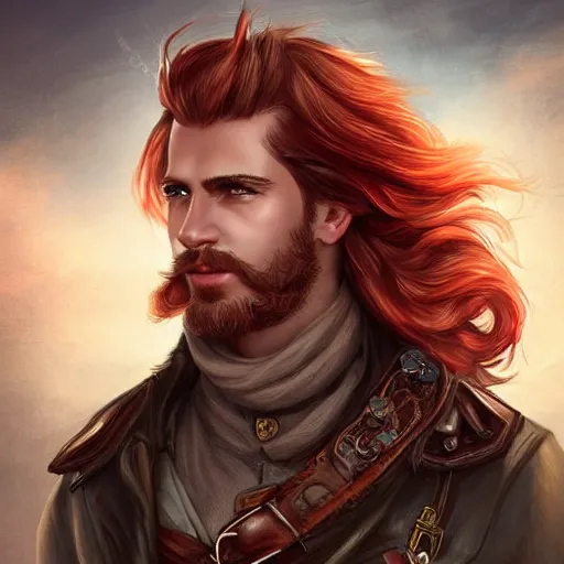 Prompt: rugged young ship captain standing before his airship, male, handsome, masculine, red hair, long hair, soft hair, fantasy, intricate, elegant, highly detailed, steampunk, digital painting, artstation, concept art, character art, smooth, sharp focus, illustration, art by artgerm