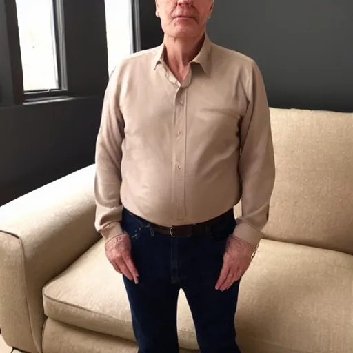 Image similar to full body photo of steve, mature male, mysterious face. he is sitting gracefully on a sofa, elegant slim beige shirt, tight shirt, pumped belly