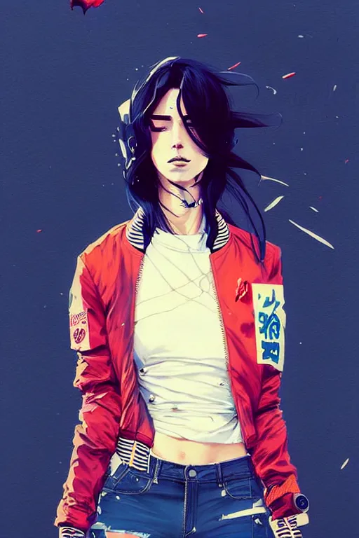 Image similar to a ultradetailed beautiful painting of a stylish woman wearing a bomber jacket, by conrad roset, greg rutkowski and makoto shinkai trending on artstation