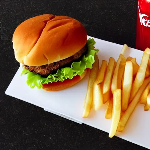 Prompt: finger burger, soda, fries, cursed, food photography